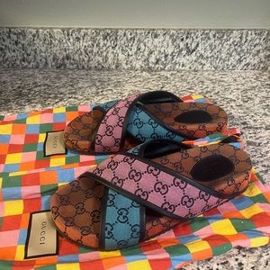 Gucci Monogram Multicolor Criss Cross Platform Slide Sandals